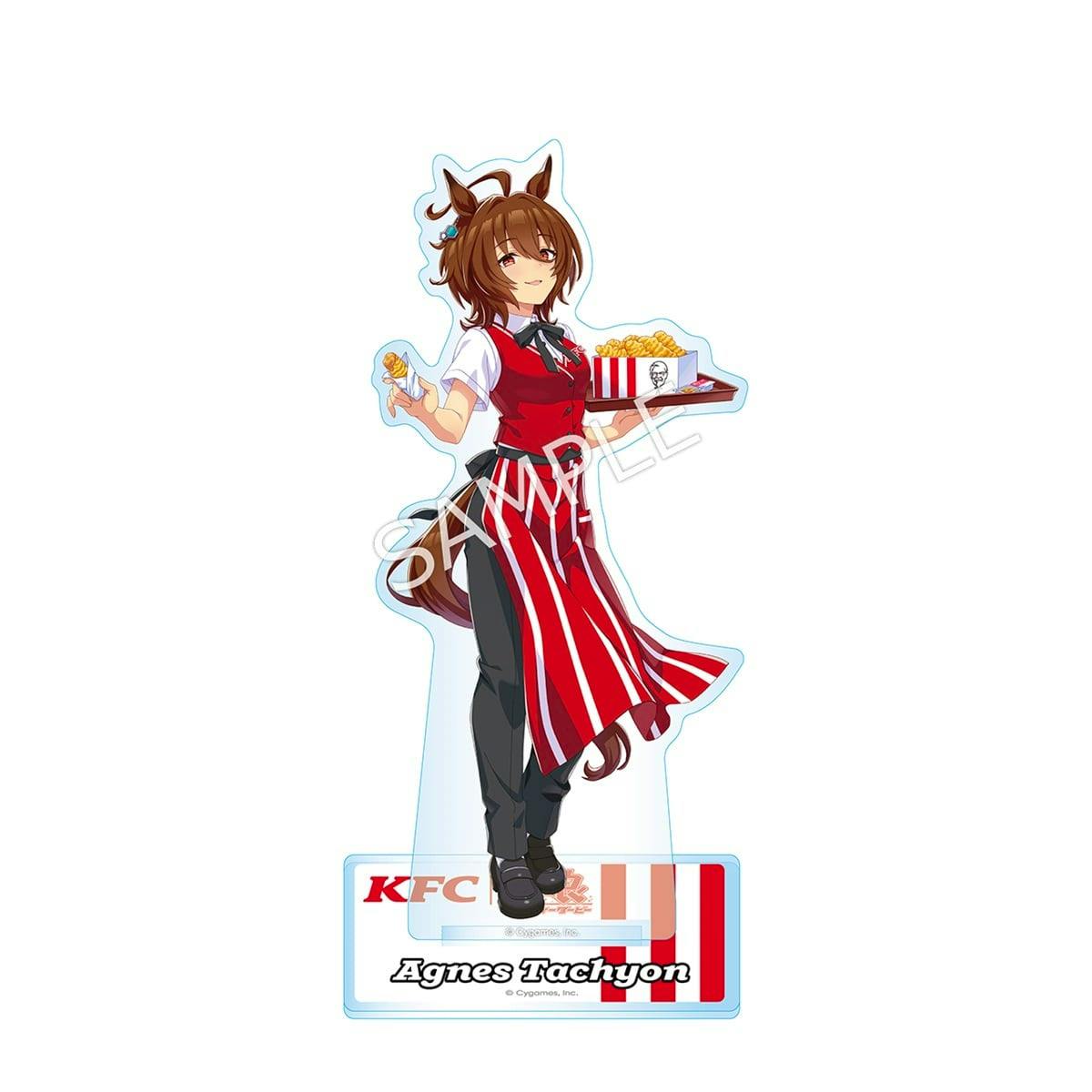 Acrylic stand of Agnes Tachyon in a KFC-themed uniform holding a tray of popcorn with a printed base labeled "Agnes Tachyon".