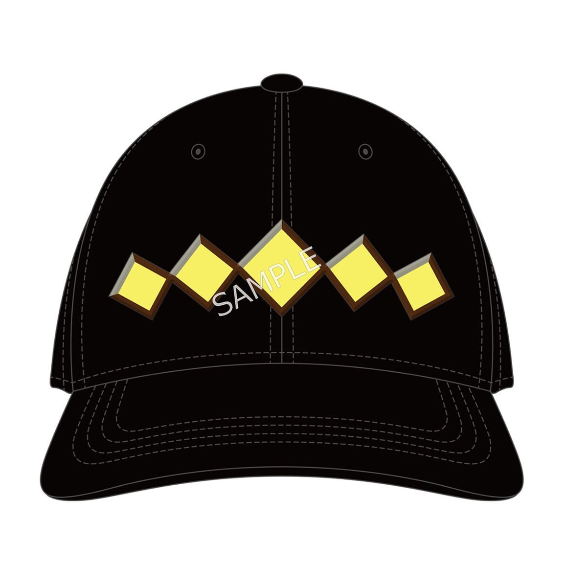 Front-view illustration of a black baseball cap with a row of yellow diamond shapes on the front and a 'SAMPLE' watermark.