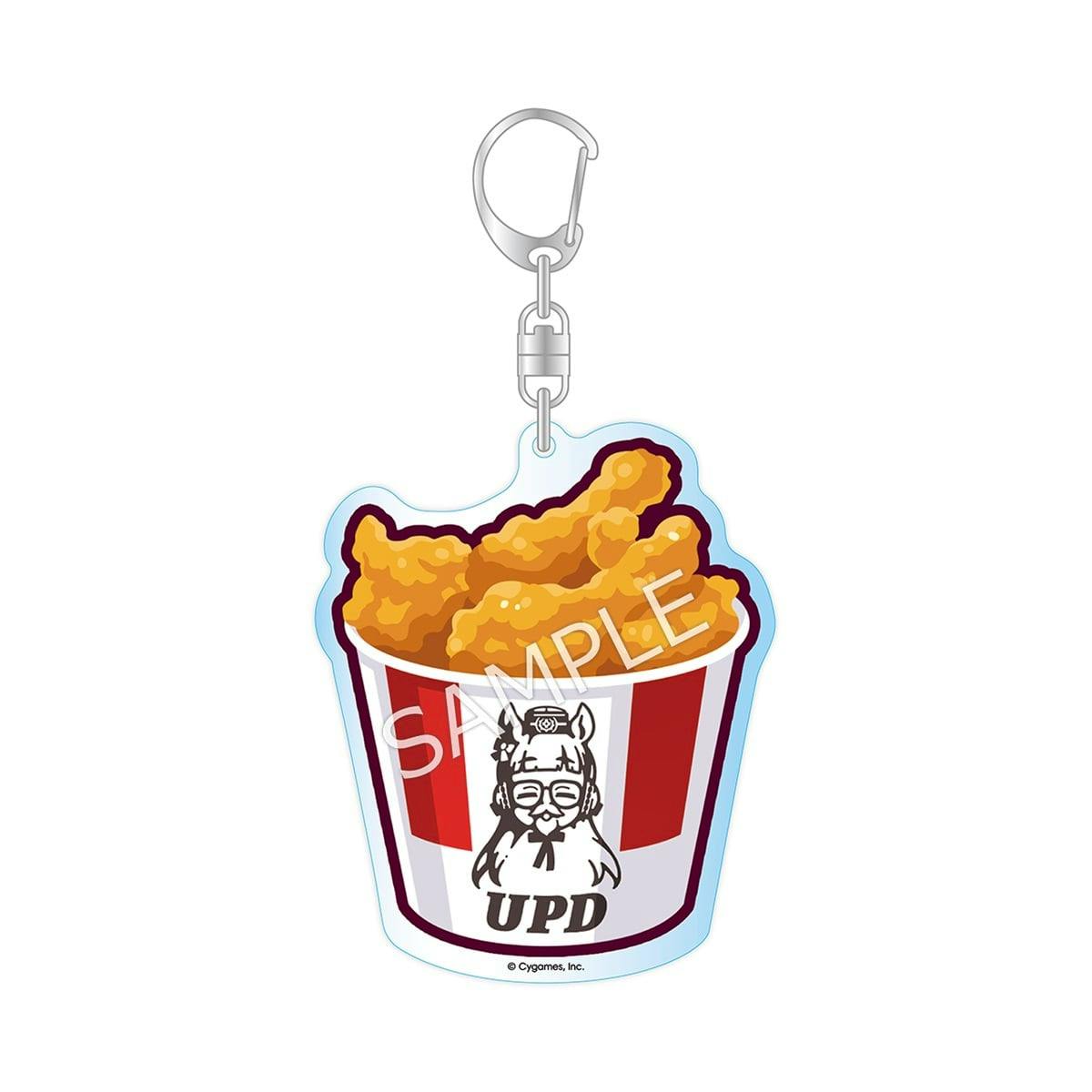 Acrylic keychain (Gold Ship) in a stylized fried-chicken bucket design with a metal clasp.