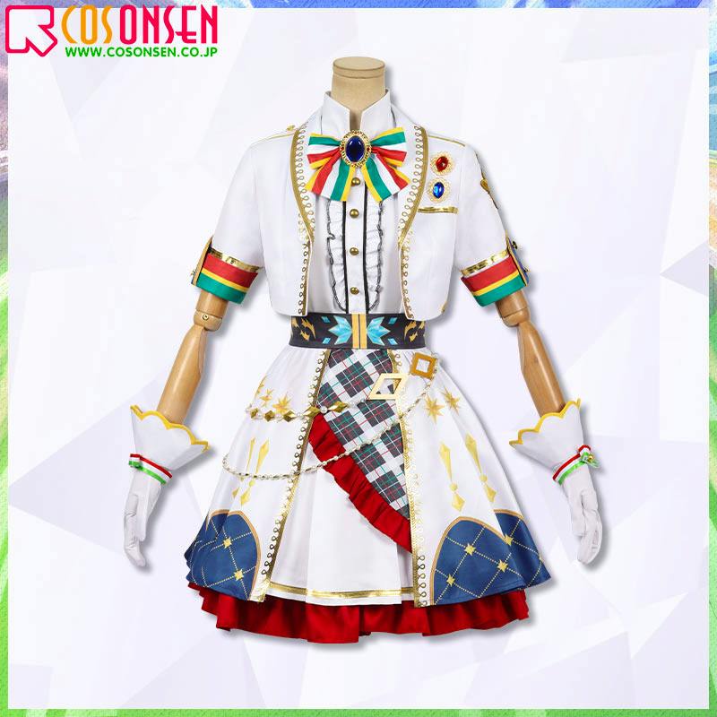 Front view of the Oguri Cap cosplay dress set on a mannequin, showing the white jacket with decorative bow, patterned skirt, and gloves.