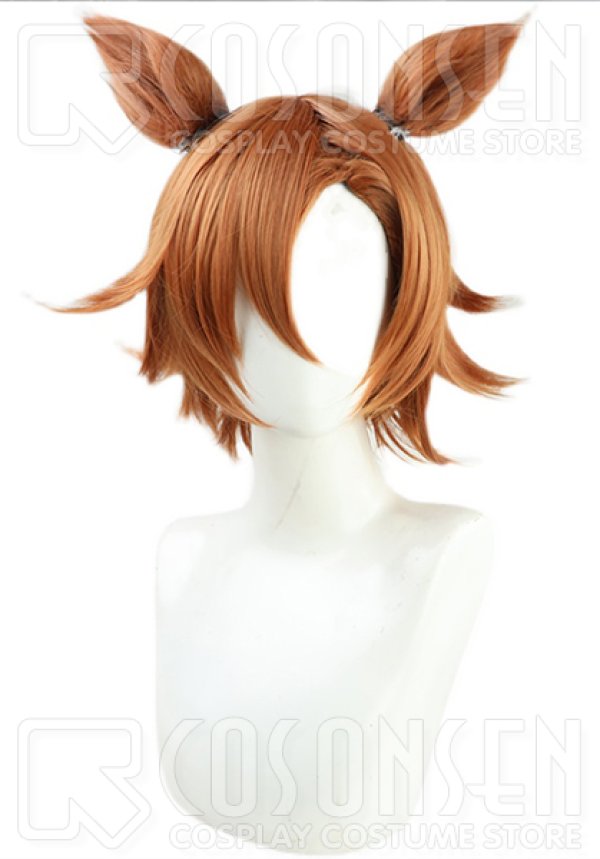 Synthetic cosplay wig with attached ears displayed on a white mannequin head.