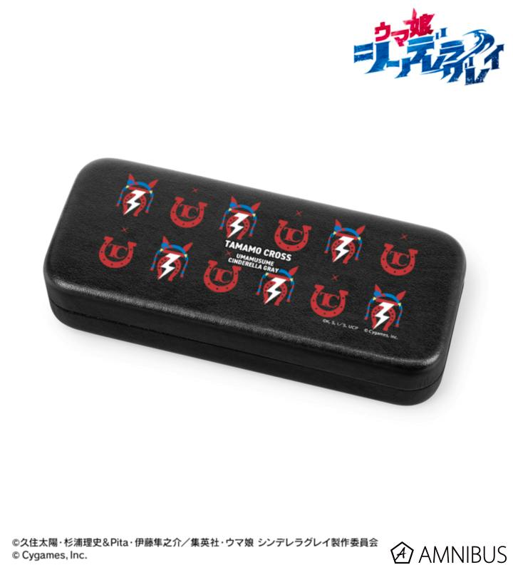 Closed black synthetic-leather eyeglasses case with repeated Tamamo Cross motif icons and "TAMAMO CROSS" text on the lid.