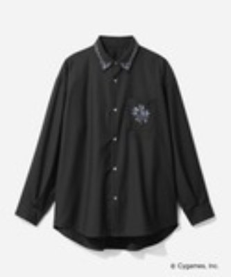 Black button-front overshirt with a collar and a floral embroidery on the left chest.