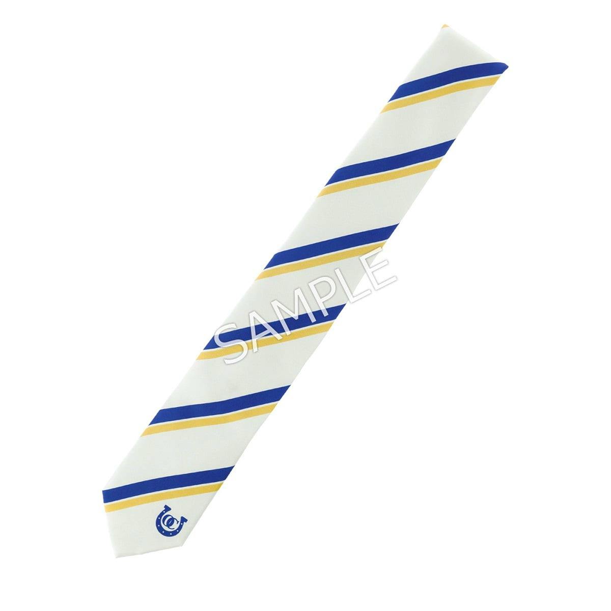 White polyester necktie with diagonal blue and yellow stripes and a small blue horseshoe emblem.