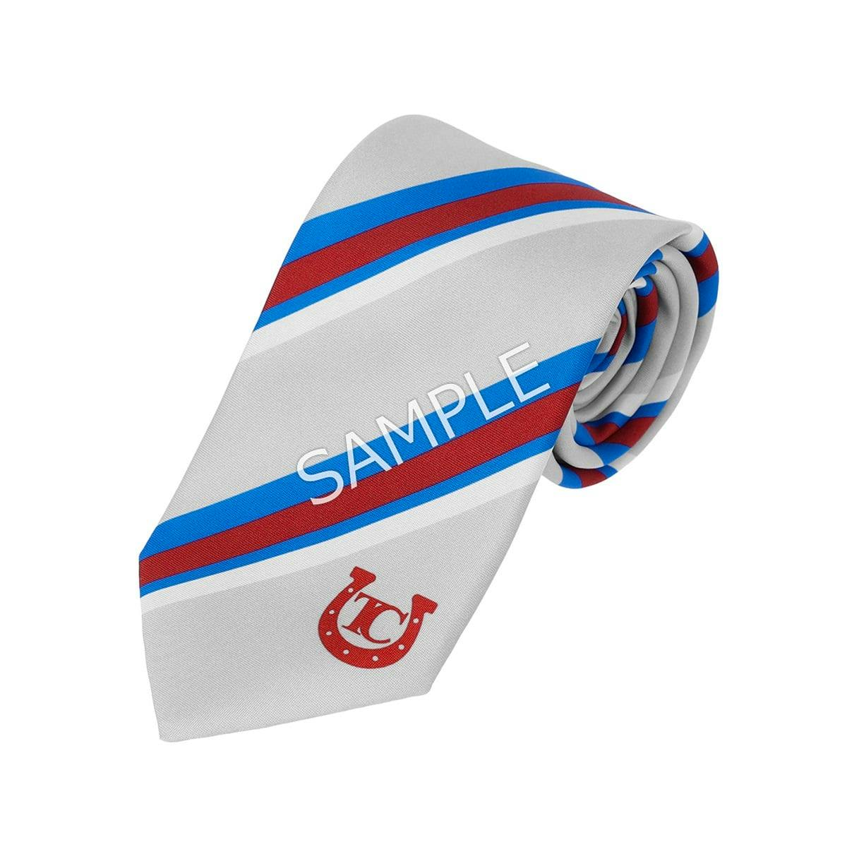 Rolled light-gray polyester necktie with red and blue diagonal stripes and a small horseshoe logo, shown with a "SAMPLE" watermark.