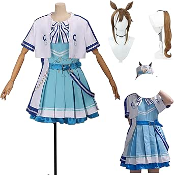 Mannequin wearing a blue and white Cheval Grand surprise cheer cosplay dress with matching short jacket, with wig and hair accessories shown at right.