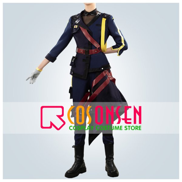 Front view of the Fenomeno cosplay jacket outfit with yellow sleeve stripe and red cross straps worn on a model.