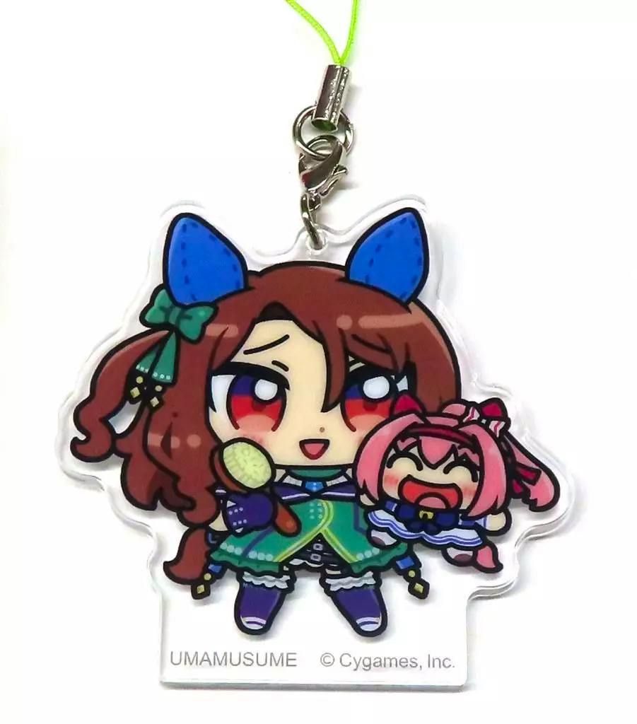 Photograph of the acrylic keychain strap showing chibi King Halo and Haru Urara characters on a white background with a metal clasp and green cord.