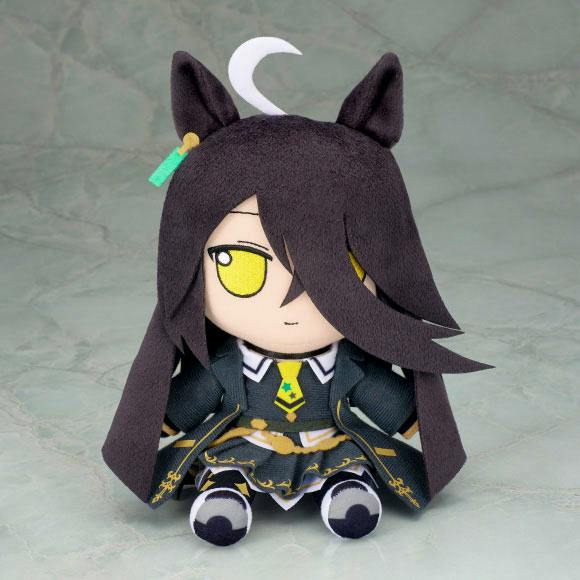Front view of the Manhattan Cafe 17cm plush toy from Uma Musume Pretty Derby showing the character's dark hair, yellow eyes, ears, and outfit.