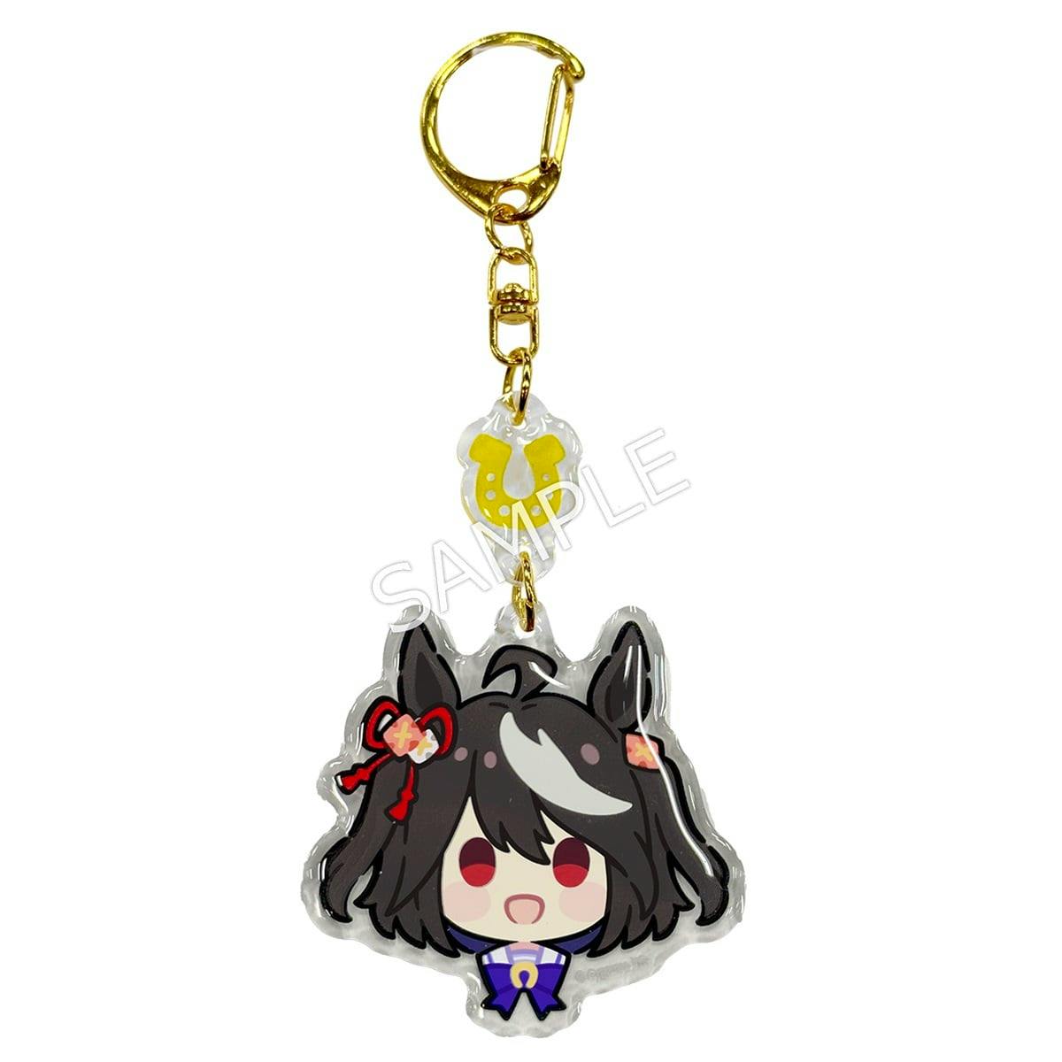 Front view of an Uma Musume Pretty Derby Kitasan Black acrylic keychain with a gold clasp and a small yellow horseshoe charm.