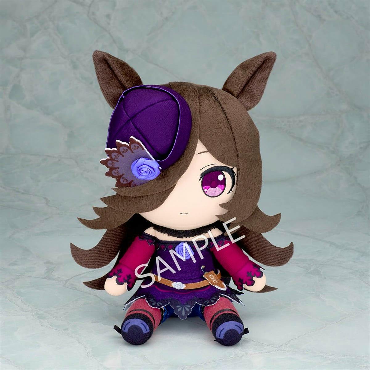 Sitting plush toy of the Uma Musume Pretty Derby character Rice Shower wearing a purple outfit and hat.