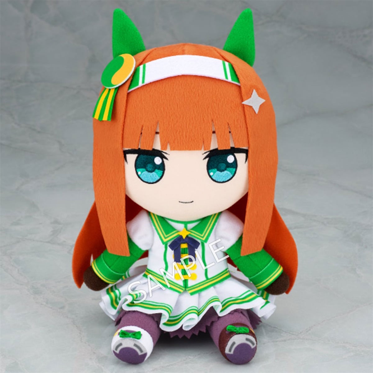 Front view of the Silence Suzuka plush from Uma Musume Pretty Derby wearing a green-and-white outfit.