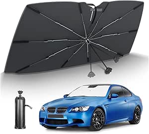 Umbrella-style foldable front car sunshade open with central rod, shown with a blue car and a storage pouch.