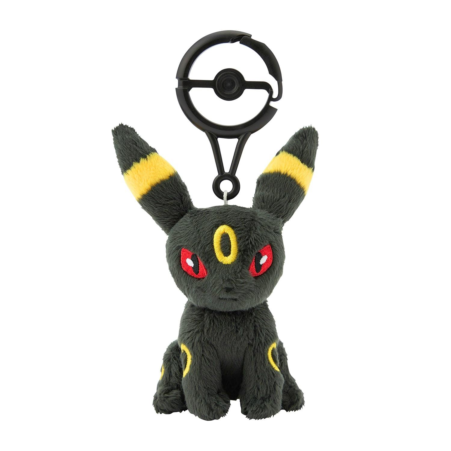 Front view of the ブラッキー (Umbreon) plush mascot with a black carabiner clip attached.