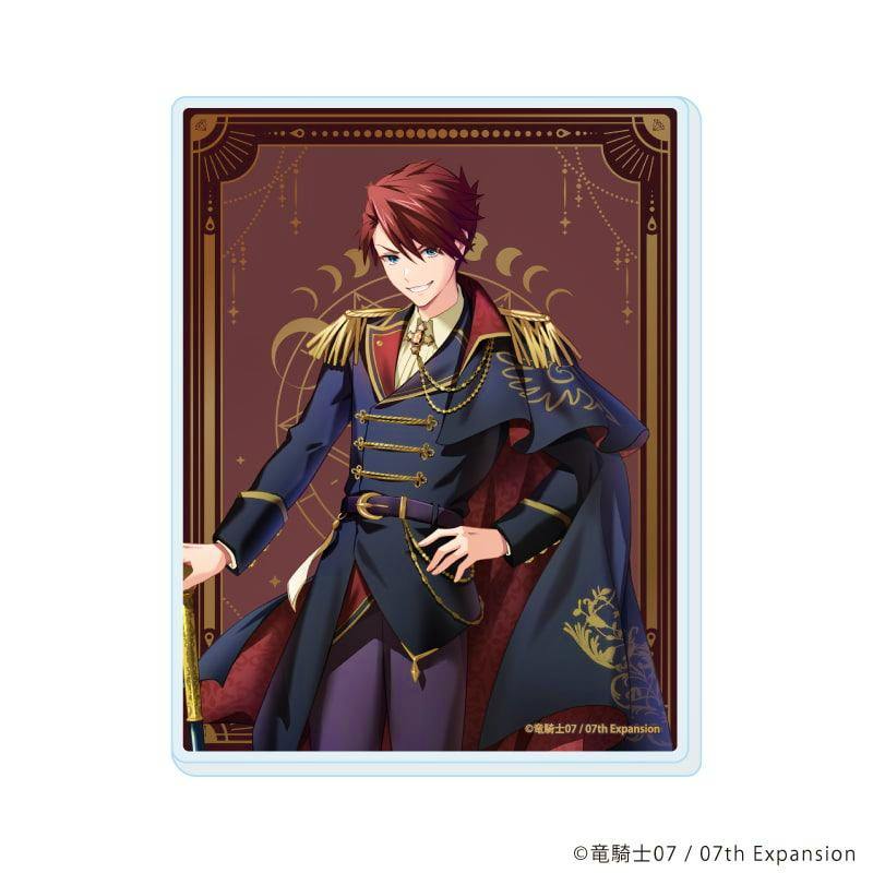 An acrylic photocard showing a red-haired male character wearing a decorated military-style coat and cape against a decorative background.