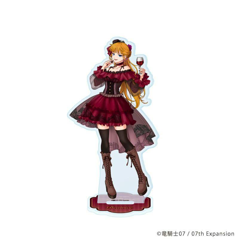 Acrylic stand of Beatrice (Dolce ver.) showing the character in a red dress holding a wine glass on a clear display base.