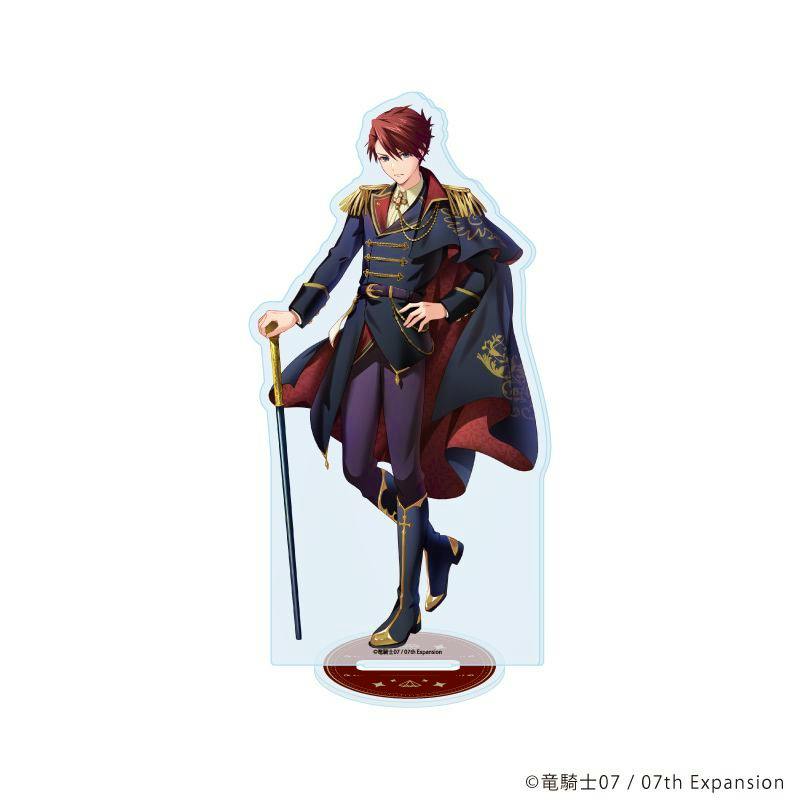 Acrylic stand showing Ushiromiya Battler in a military-style outfit holding a cane, mounted on a round base.