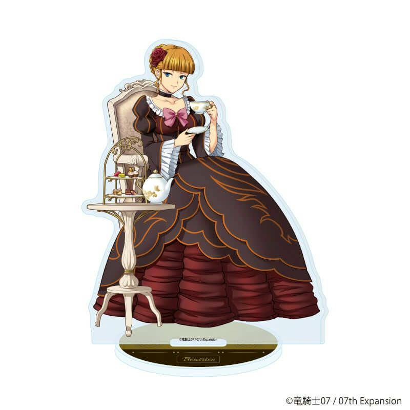Clear acrylic decorative stand depicting Beatrice in a tea-party outfit holding a teacup, shown with its round base.