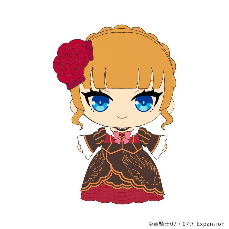 Chibi-style illustration of the Beatrice plush design wearing a brown and red dress with blue eyes and a red rose hair accessory.