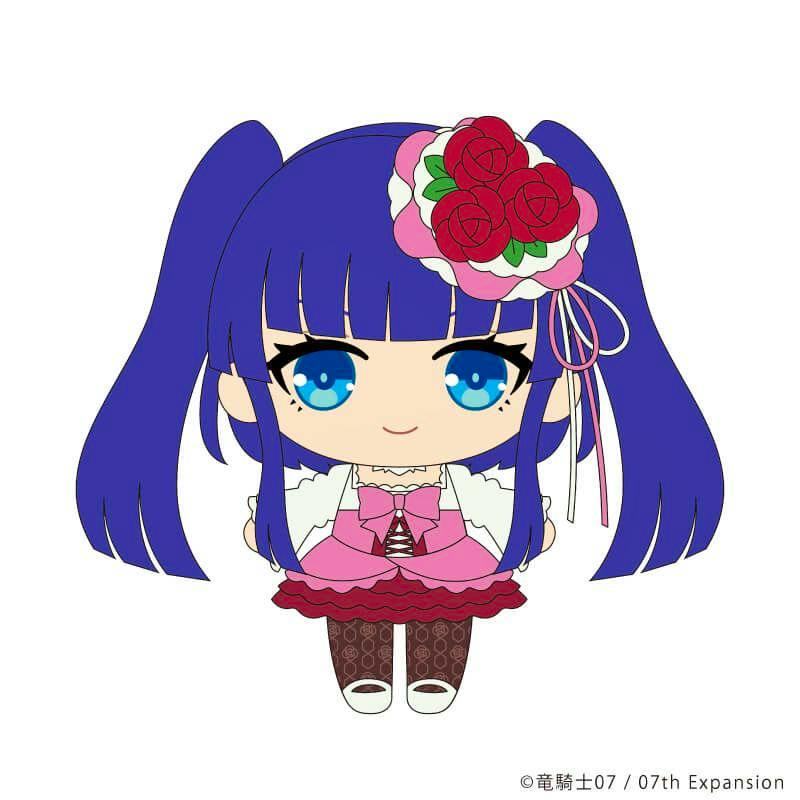 Chibi illustration of 古戸ヱリカ from Umineko wearing a pink dress and a rose hair accessory with blue twin-tail hair.