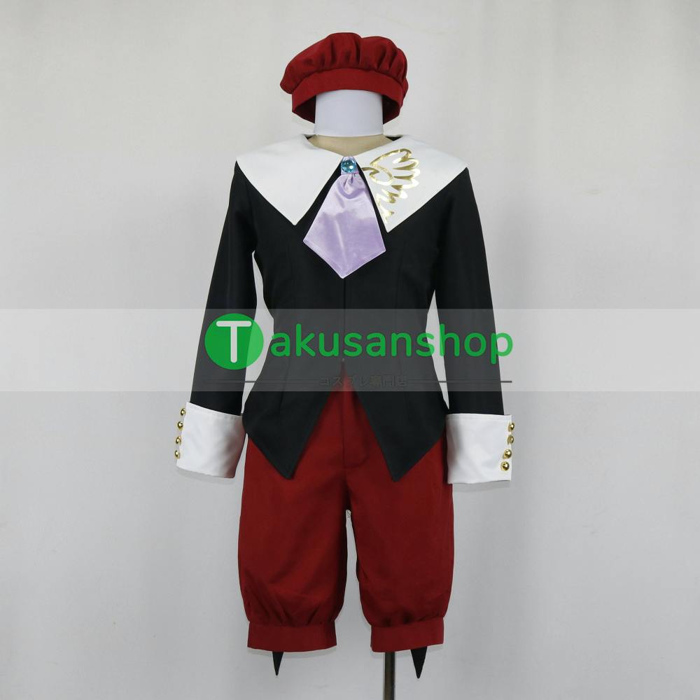 Mannequin wearing a men's cosplay jacket with a large white collar, purple necktie, red beret, and matching red knee-length pants.