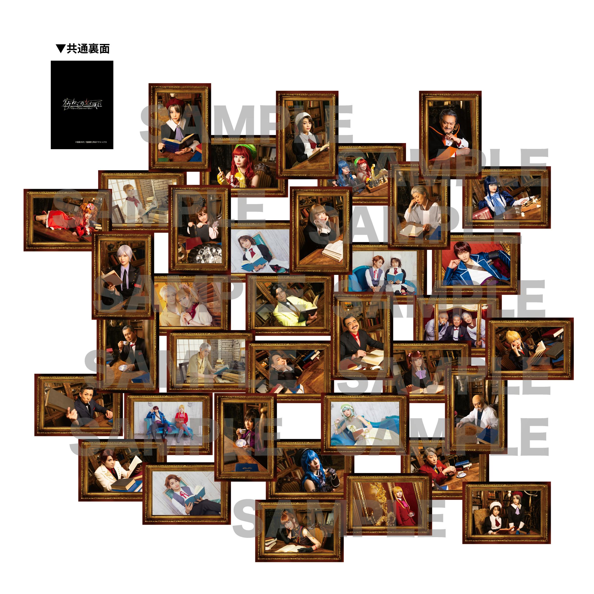 Collage of many framed character photocard front images with a black sample card back on a white background.