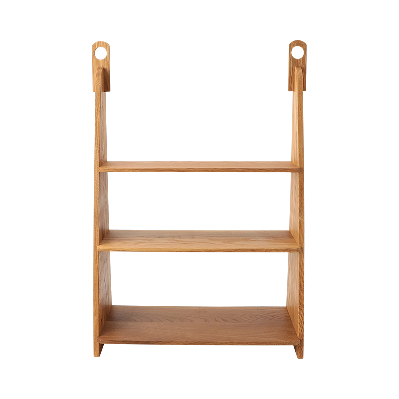 Front view of an oak hanging shelf with three shelves and two tall side supports with circular hanging holes.