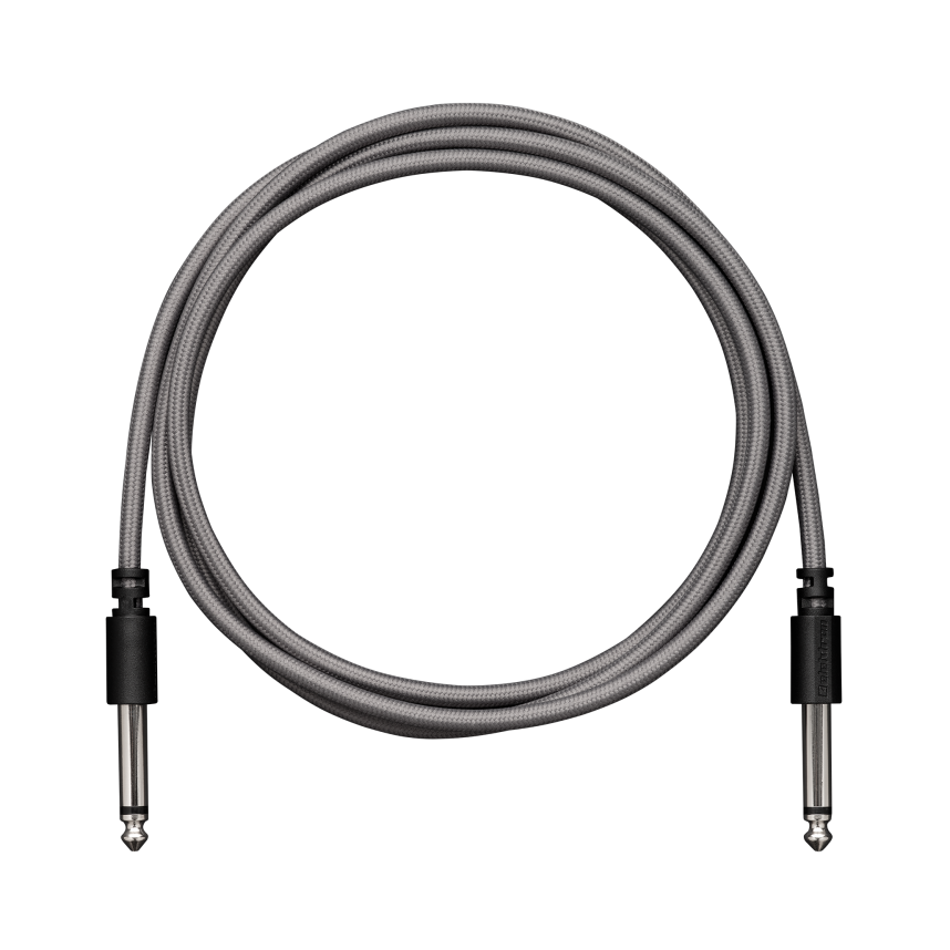 Coiled unbalanced audio AUX cable with two mono metal jack plugs on a black background.