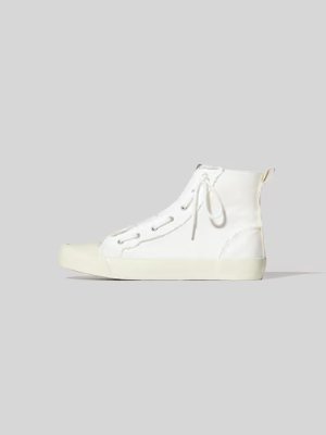 Side view of a white UNDERCOVER high-cut canvas sneaker on a gray background.