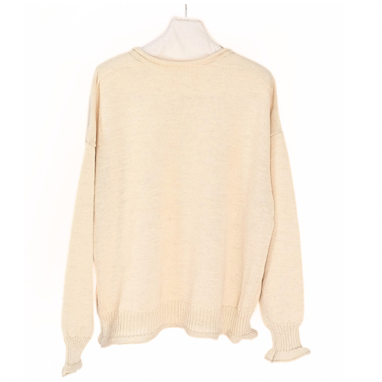 Back view of an undyed wool Guernsey knit sweater in natural color hanging on a hanger.