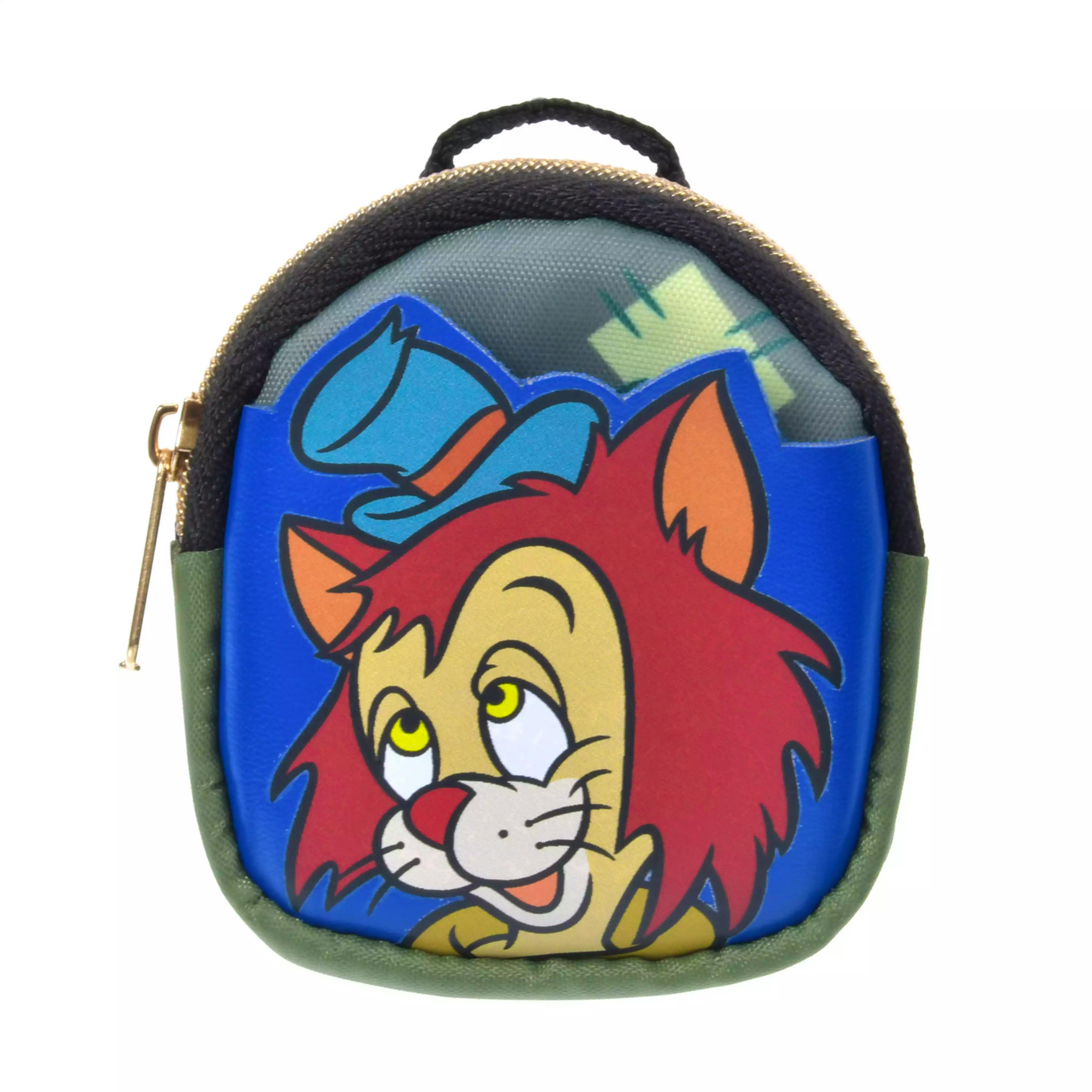 Front view of the coin purse backpack showing a colorful cartoon character face with a zipper and top handle visible.