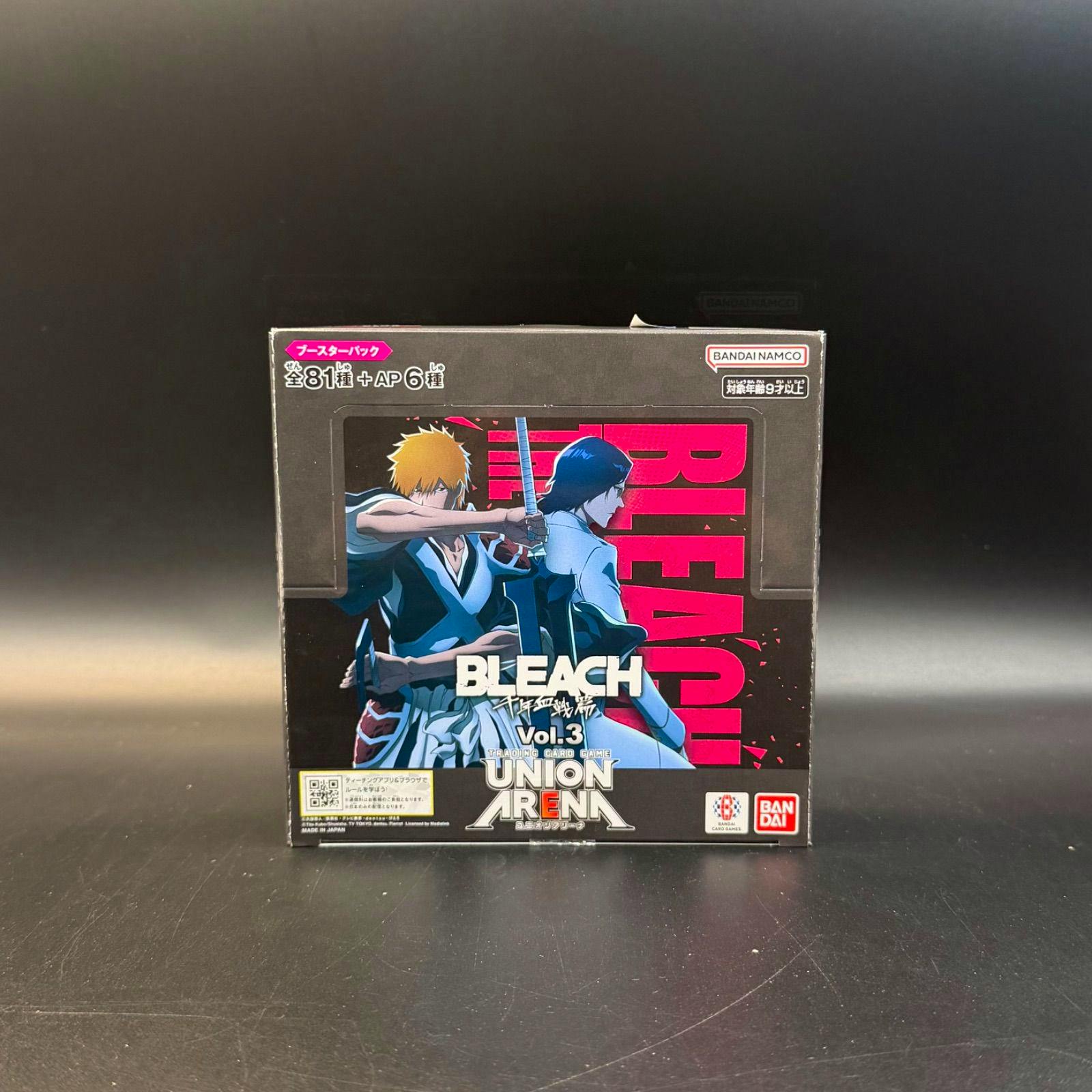 Front of a Bleach UNION ARENA Vol.3 booster box showing characters and branding.