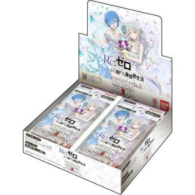 Display box of UNION ARENA Re:Zero booster packs with illustrated characters on the header artwork.