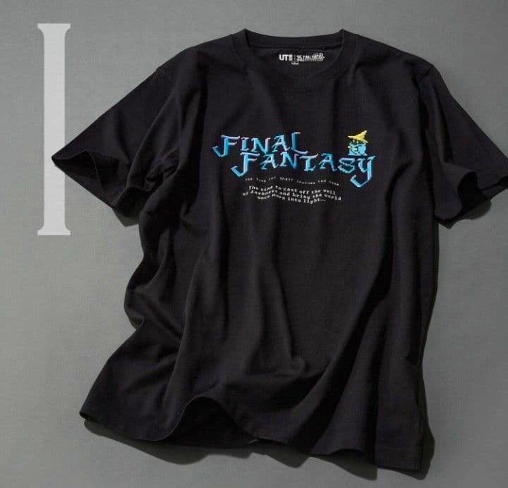 Black UNIQLO Final Fantasy T-shirt laid flat showing the front pixel-art wizard and blue "FINAL FANTASY" logo.