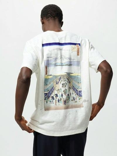 Back view of a men's white cotton T-shirt on a model showing a large ukiyo-e Boston Museum print.