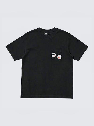 Black UT T-shirt laid flat showing a small Super Mario Boo ghost graphic on the left chest pocket.