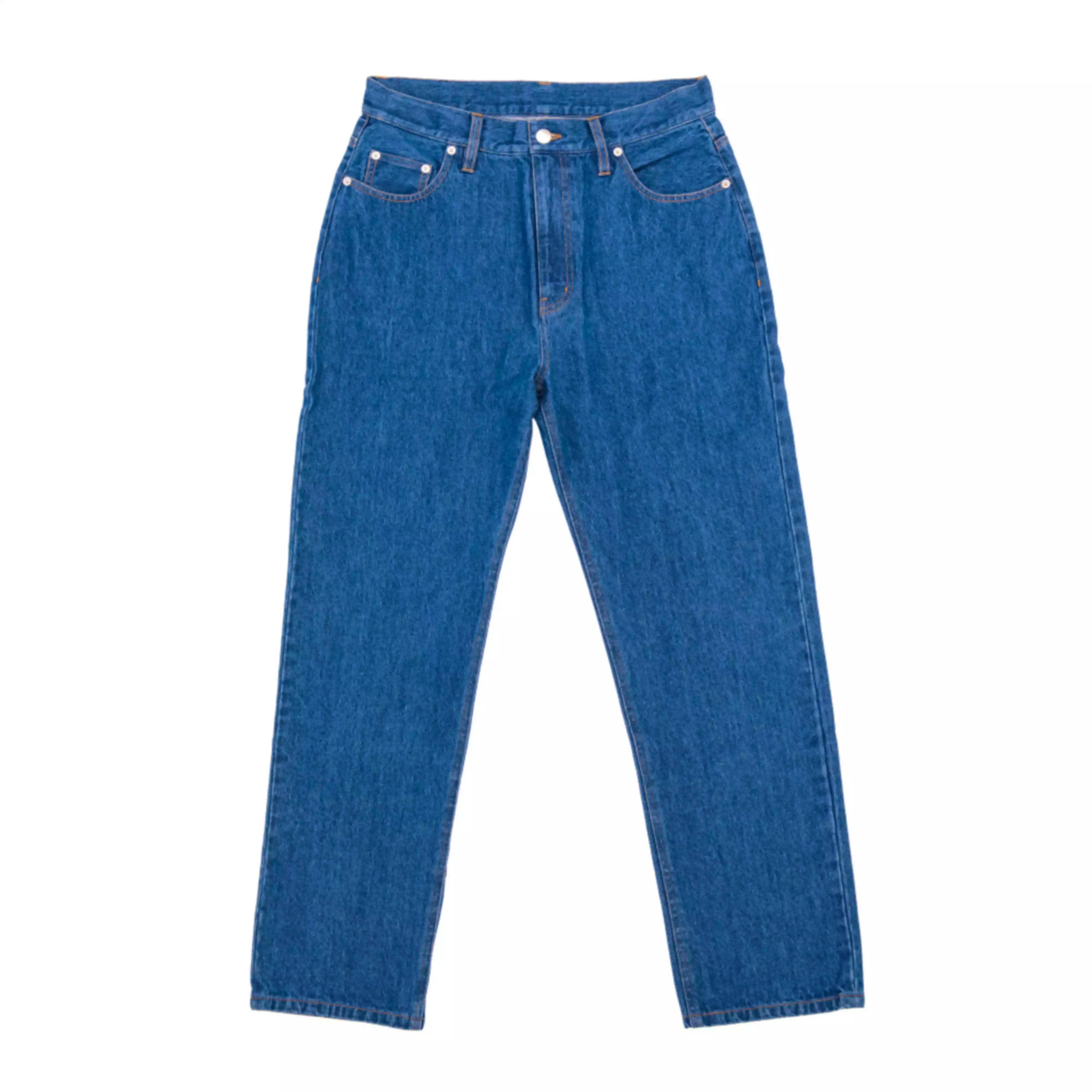 Front view of blue denim long pants (women's jeans) laid flat on a white background.