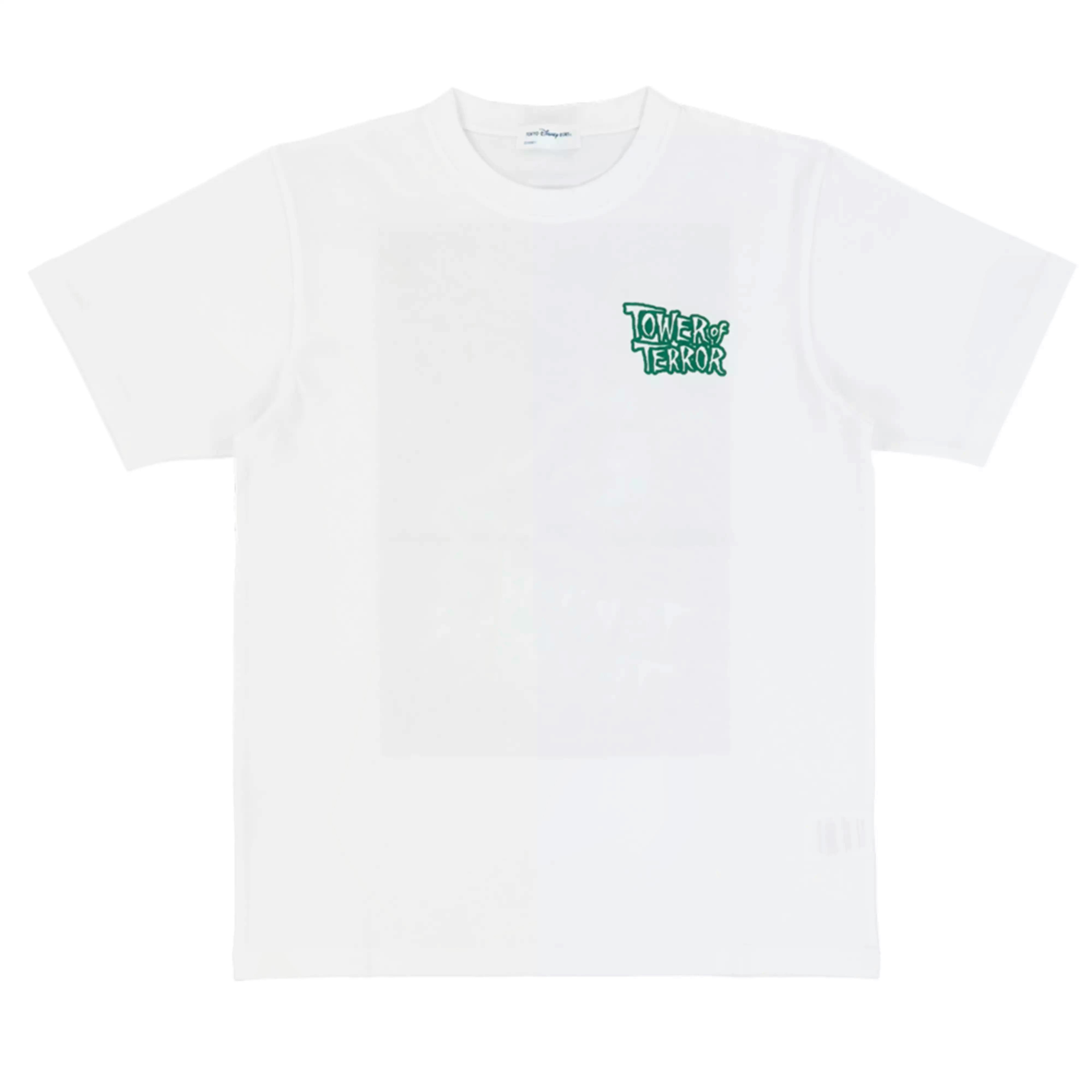 White unisex cotton T-shirt showing the upper front with a small green "Tower of Terror" chest print.