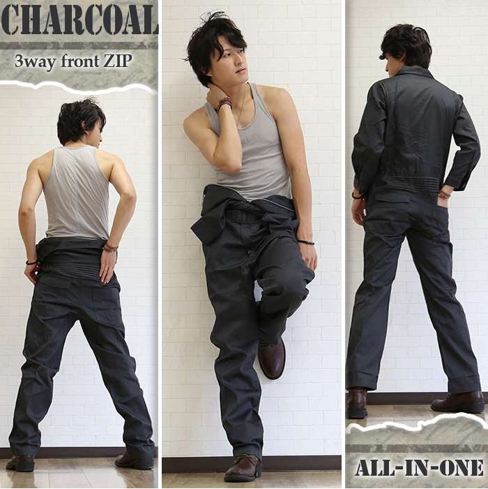 Male model wearing a charcoal men's long-sleeve work jumpsuit shown from front and back and with the top tied at the waist.