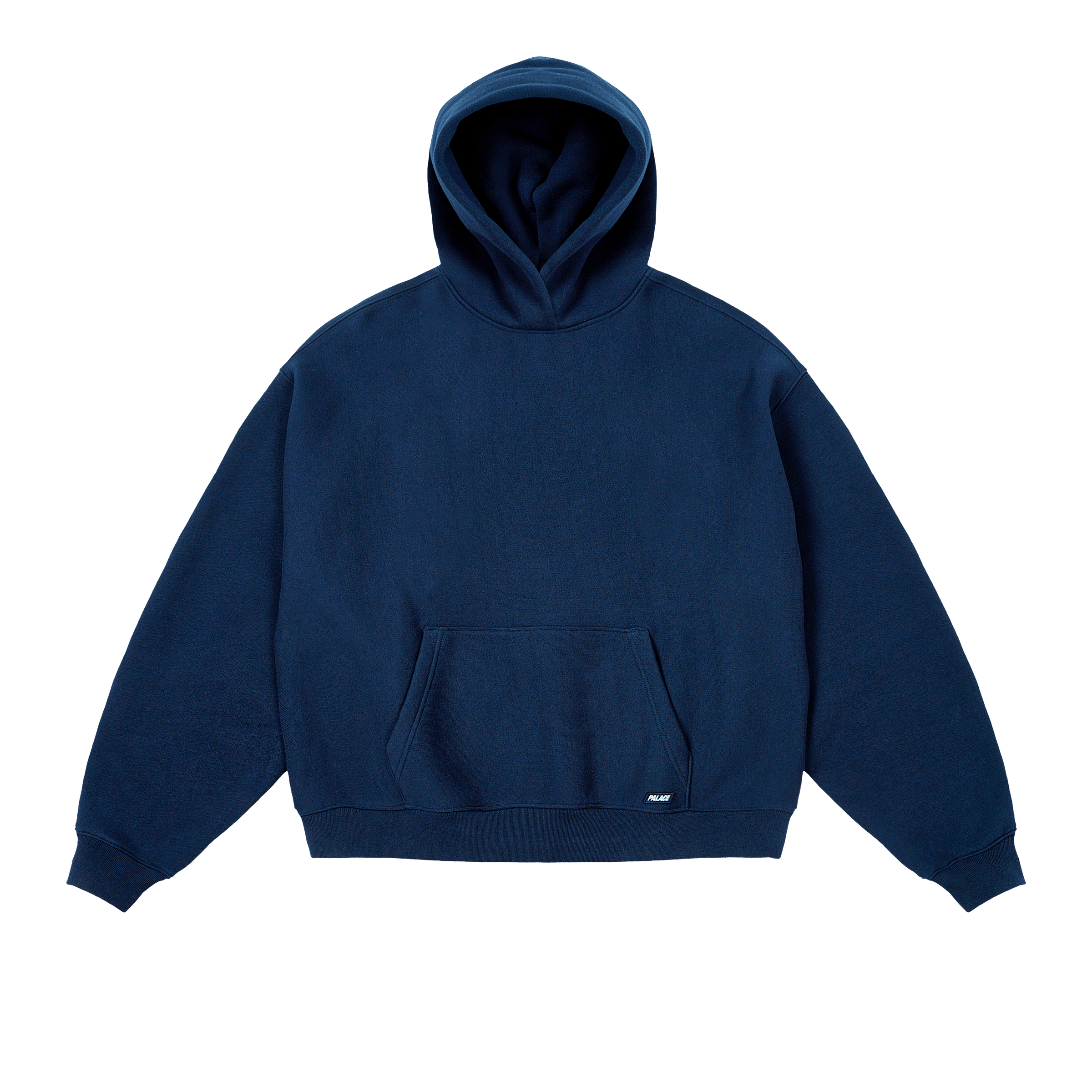 Front view of a navy unisex cotton hooded sweatshirt showing the hood, sleeves, and kangaroo pocket.