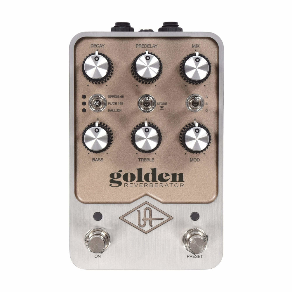 Front view of the Universal Audio UAFX Golden Reverberator guitar effects pedal showing six control knobs, three small toggle switches, two footswitches, and the UA logo.