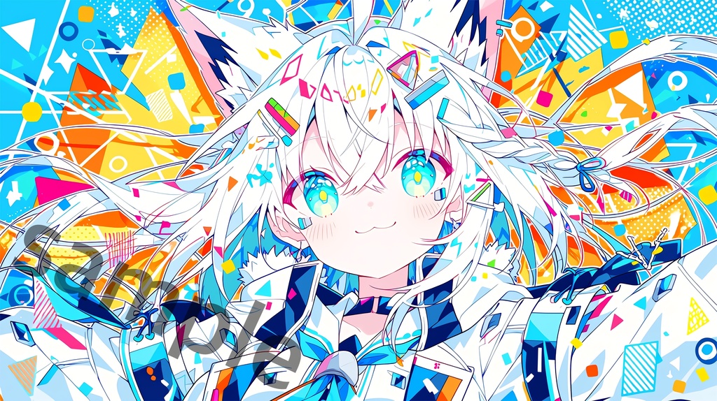 Printed playmat design featuring the white-haired anime character Shirakami Fubuki with fox ears against a colorful geometric background.