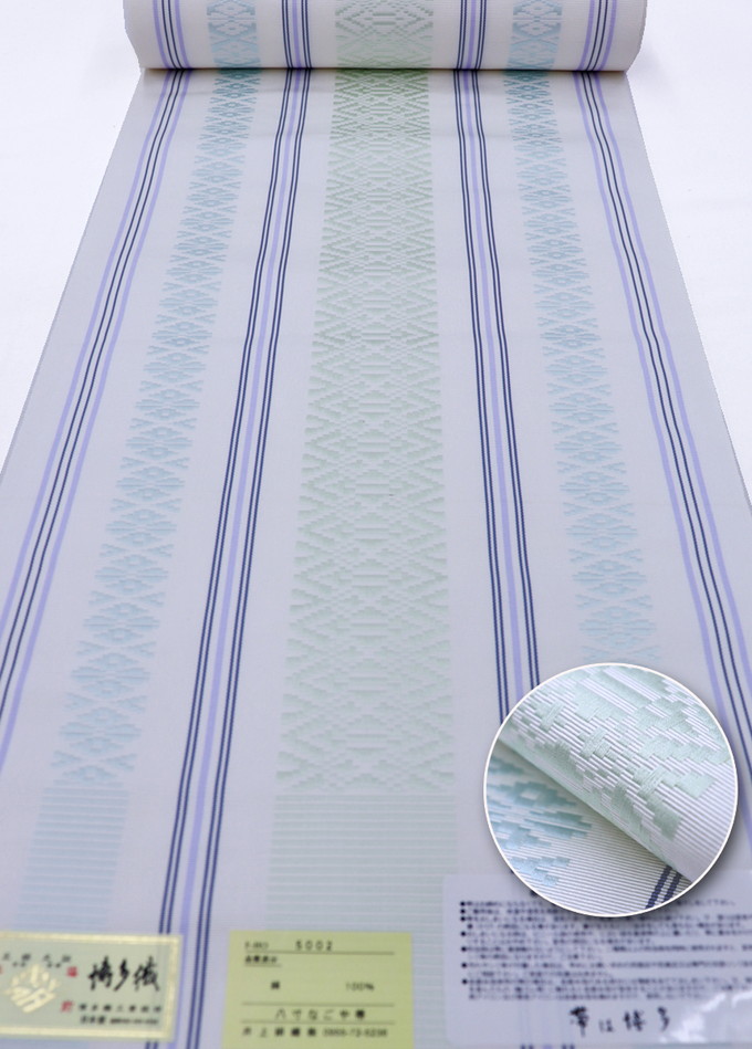 Rolled obi fabric with white ground and light blue and pale yellow-green vertical stripes, showing a circular close-up of the weave and labels.