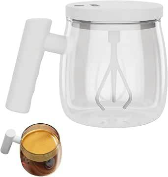 Automatic stirring glass mug with clear body, white handle and lid, and a visible rotating whisk inside.