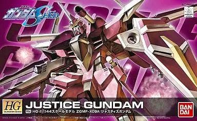Box art for the 1/144 HG Justice Gundam model kit showing the Gundam artwork and branding.