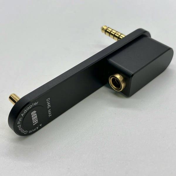 Black DJ44S MAX plug adapter with gold-plated 4.4mm plug and connector displayed on a white surface.