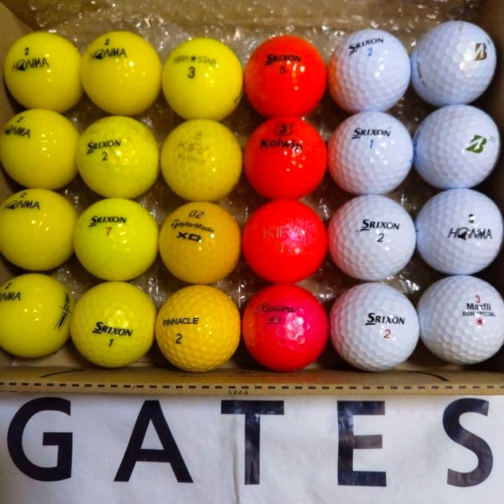 A box of golf balls arranged in rows showing yellow, orange, and white balls.