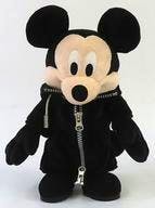 Front view of the King Mickey (Mickey Mouse) plush toy from Kingdom Hearts wearing a black jacket with a visible zipper on a white background.