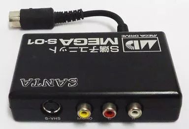 Black S-video (S-terminal) unit for Mega Drive MD1 showing an S‑VHS connector and three RCA jacks.