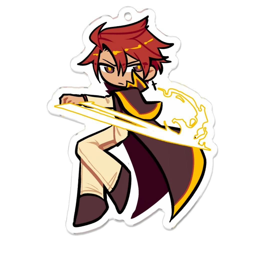 An acrylic charm showing Ushiromiya Battler (Sorceror) in a stylized pose holding a glowing sword.